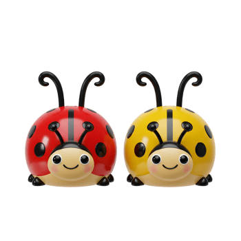 Two adorable cartoon ladybugs, one red and one yellow, smile cheerfully. Their shiny bodies and playful antennae create a sweet and happy mood. png