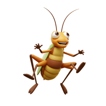 A happy cartoon cricket leaps into the air, its cheerful expression and vibrant colors creating a playful and lighthearted mood. Its segmented body and long legs are strikingly detailed. png