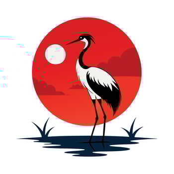 a crane standing on the water with a red sun in the background vector