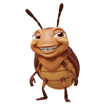 A friendly cartoon beetle smiles broadly, its segmented body and antennae adding to its charming, playful design. The 3D render creates a cheerful, lighthearted mood. png