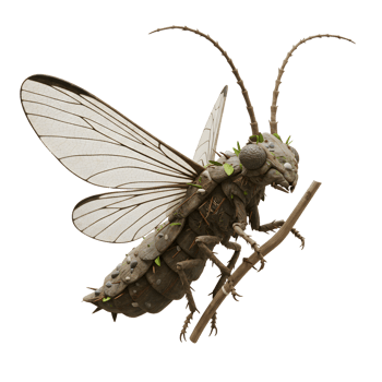 A captivating insect sculpture crafted from stone, wood, and foliage. Its intricate details and earthy tones evoke a serene, natural mood. png