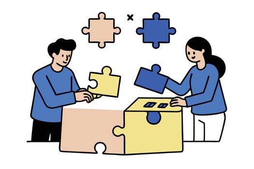 Cartoon Man and Woman Connecting Jigsaw Puzzle Pieces on White Background vector
