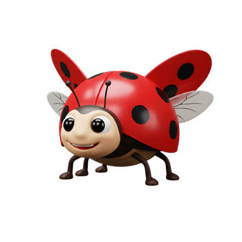 A cute, cartoon ladybug smiles brightly Its shiny red shell, big eyes, and delicate wings create a charming, joyful scene. png