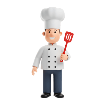 A friendly cartoon chef, beaming in his pristine white uniform, holds a red spatula. The cheerful image evokes a fun, welcoming mood, perfect for food-related projects. png