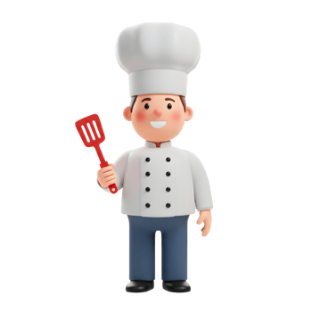 A cheerful cartoon chef, in his pristine white uniform and tall chef's hat, holds a red spatula. His joyful expression adds a friendly, welcoming touch. png