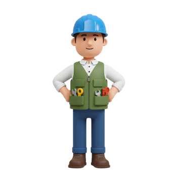 A cheerful cartoon technician stands ready, tools in his vest pockets. His confident pose and bright colors create a positive and approachable mood. png