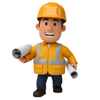 A smiling cartoon construction worker, clad in bright yellow, confidently holds blueprints. His happy expression and vibrant attire create a cheerful and optimistic mood. png