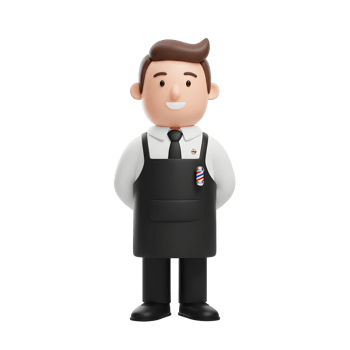 A cheerful cartoon barber stands ready, his black apron and barber pole pin adding a professional touch. A friendly, simple style. png
