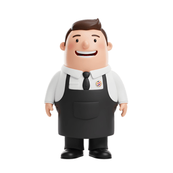 A happy cartoon barber, wearing a crisp white shirt and black apron, welcomes you with a friendly smile. Positive and approachable, he's ready to serve png