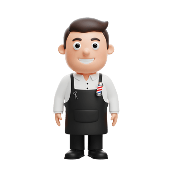 A friendly cartoon barber, wearing a black apron and barber pole, smiles warmly. Perfect for a cheerful, professional image png