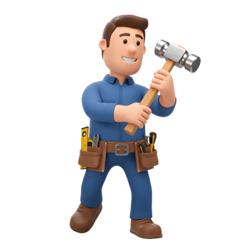 A smiling cartoon handyman confidently holds a hammer, his tool belt brimming with essentials. Playful and charming, he's ready for any job png