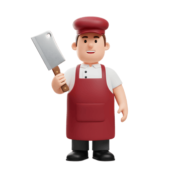 A friendly cartoon butcher, smiles warmly while holding a cleaver. He's dressed in a classic red apron and cap, creating a charming and inviting image. png