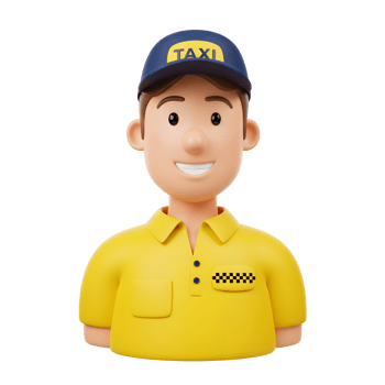 A smiling cartoon taxi driver in a yellow polo shirt and blue cap welcomes you His cheerful expression and simple design create a friendly and approachable mood. png