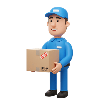A friendly cartoon delivery person smiles while carefully holding a cardboard box marked 'fragile'. The bright, positive scene suggests safe and reliable shipping. png
