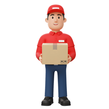 A friendly cartoon delivery person smiles warmly while holding a cardboard package. The cheerful scene evokes trust and efficient service. Simple yet expressive png