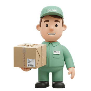A cheerful cartoon delivery person, dressed in green, proudly presents a neatly wrapped package. The scene is bright and friendly, conveying a positive delivery experience. png