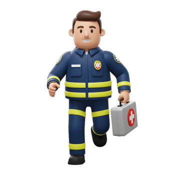 A friendly cartoon paramedic strides forward, first-aid kit in hand, radiating readiness and care. The bright, cheerful style evokes a sense of hope and assistance. png