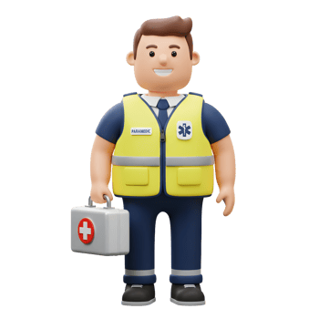 A cheerful 3D cartoon paramedic smiles warmly, holding a medical kit. He's ready to help, exuding a friendly and reassuring vibe. png
