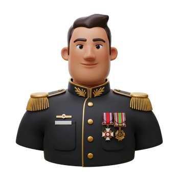 A cheerful 3D cartoon of a military officer in formal attire. His medals and gold epaulets add to his distinguished look, creating a friendly yet authoritative feel. png