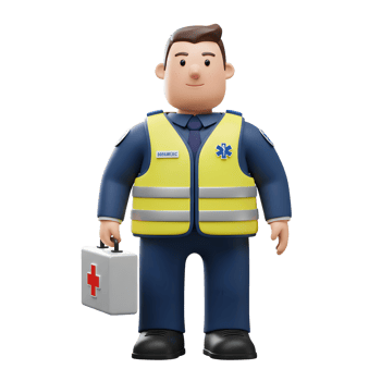 A cheerful 3D cartoon paramedic smiles warmly, holding a first aid kit. He's dressed in a bright yellow safety vest, conveying a helpful and approachable demeanor. png