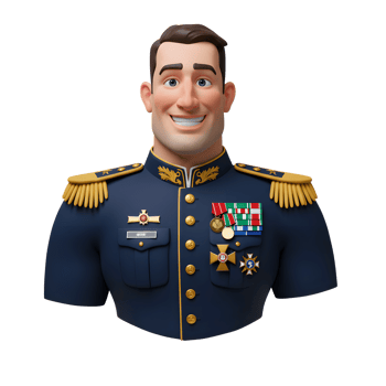 A cheerful cartoon general smiles warmly. His richly detailed navy blue uniform boasts gleaming gold epaulets and numerous medals, creating a festive and jovial mood. png