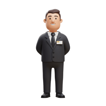 A cheerful cartoon businessman stands with hands behind his back, wearing a dark suit and name tag. Positive, approachable mood. png