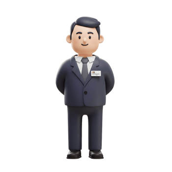 A cheerful cartoon businessman stands with hands behind his back, wearing a neat suit and name tag. Friendly and approachable, he exudes professionalism. png