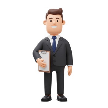 A cheerful cartoon businessman stands confidently, holding a clipboard. His friendly smile and professional attire create a welcoming corporate image. Perfect for business presentations png