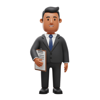 A friendly cartoon businessman smiles confidently, holding a clipboard. He's dressed in a dark suit and tie, projecting professionalism and approachability. png