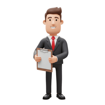 A cheerful cartoon businessman confidently holds a clipboard, ready to present information. His friendly demeanor and professional attire create a positive, approachable mood. png