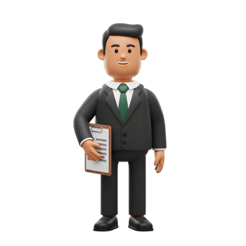 A friendly 3D cartoon businessman smiles confidently, holding a clipboard. He's dressed in a sharp suit, projecting professionalism and approachability. png