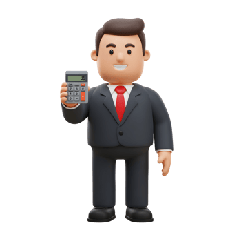 A cheerful cartoon businessman proudly displays a calculator. His friendly smile and confident pose create a positive and approachable business image. png