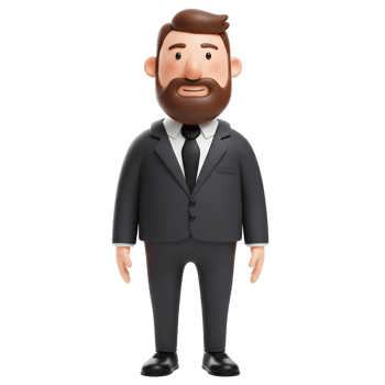 A cheerful cartoon businessman, sporting a stylish suit and a neatly trimmed beard, stands confidently. His friendly expression and simple design create a welcoming, approachable mood. png