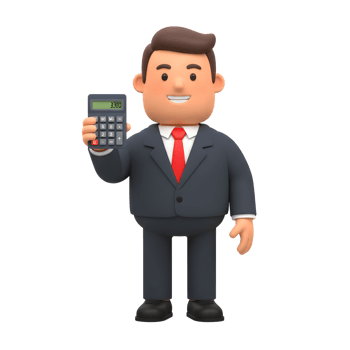 A friendly cartoon businessman beams while presenting a calculator. His suit and confident pose convey professionalism and success. A cheerful, simple scene. png