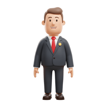 A friendly cartoon businessman smiles warmly, dressed in a sharp suit and red tie. His cheerful demeanor and simple design create a positive, approachable image. png