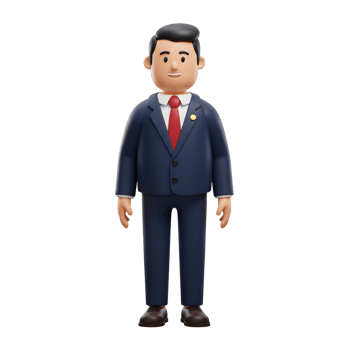 A friendly cartoon businessman stands confidently, his navy suit and red tie adding a touch of sophistication to his cheerful demeanor. A charming and approachable digital illustration. png