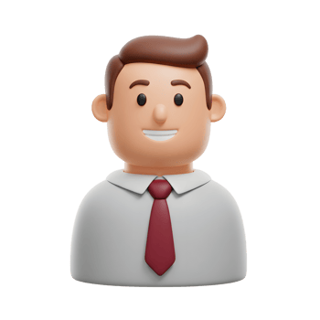 A cheerful 3D cartoon businessman smiles warmly. His simple design and light grey shirt with a maroon tie create a friendly, approachable vibe. png