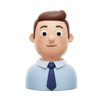 A cheerful cartoon businessman smiles warmly. His simple 3D design and light blue shirt create a friendly, approachable mood. png