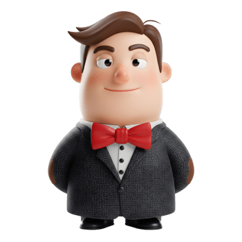 A cheerful cartoon man, impeccably dressed in a dark suit and red bow tie, stands with a friendly, approachable demeanor. His 3D-rendered features create a playful, yet sophisticated look. png