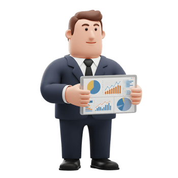 A cheerful cartoon businessman confidently displays a tablet showcasing vibrant financial charts and graphs. The scene exudes professionalism and success. png