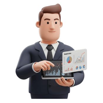 A friendly cartoon businessman confidently presents financial data on a tablet and charts. The scene is bright, clean and professional, conveying a sense of success. png