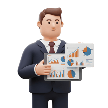 A friendly businessman confidently presents key business data. Charts and graphs highlight growth trends, creating a positive and professional feel. png