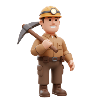 A friendly 3D-rendered miner, helmet gleaming, holds his pickaxe with a cheerful smile. Brown overalls and boots complete his charming look. png