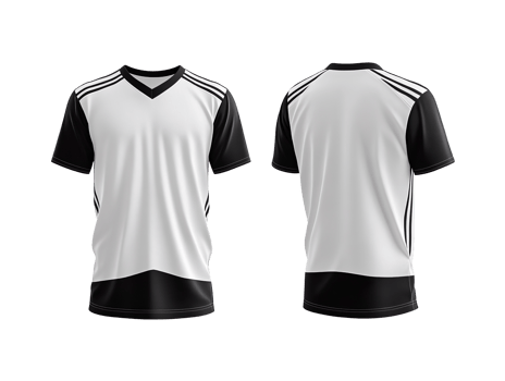 white and black sports jersey mockup, front and back view isolated on transparent background png