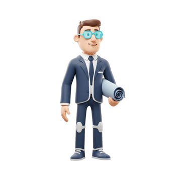 A friendly cartoon businessman in a stylish suit confidently holds a rolled-up blueprint. His cheerful expression and bright glasses add to the upbeat mood. png