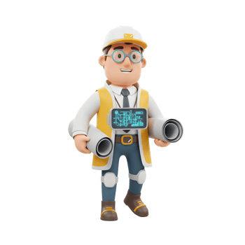A friendly 3D cartoon architect smiles confidently, holding blueprints and a futuristic smart device. The scene is bright and cheerful, conveying competence and innovation. png