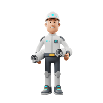 A friendly cartoon engineer, in a futuristic suit and helmet, proudly holds rolled-up blueprints. His cheerful expression and bright attire create a positive and optimistic mood. png