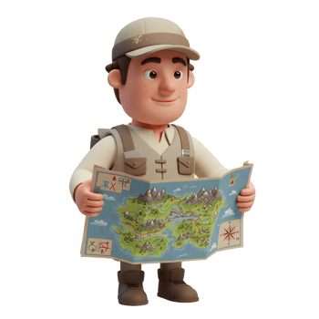A happy cartoon adventurer, backpack on, carefully examines a whimsical hand-drawn map, planning his next exciting expedition. The scene is lighthearted and adventurous. png