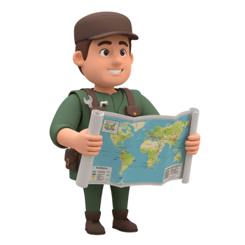 A smiling cartoon explorer, dressed in green, holds a detailed world map, ready for adventure. The scene is cheerful and optimistic. png