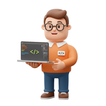 A cheerful 3D cartoon programmer presents a laptop displaying code. His friendly smile and bright orange shirt create a welcoming, approachable feel. png